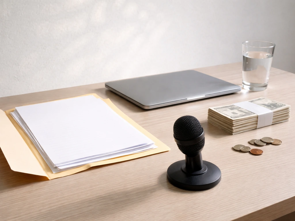 Minimal desk scene with blank documents, coins, and a laptop suggesting a net worth investigation.