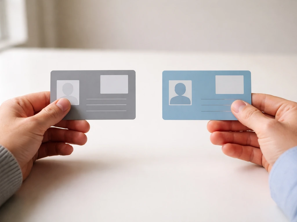Two separate anonymous hands holding ID cards side-by-side, suggesting distinct identities with similar names.