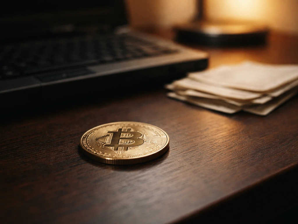 Close-up of muted desk items with a single glowing Bitcoin coin, suggesting early Bitcoin accumulation