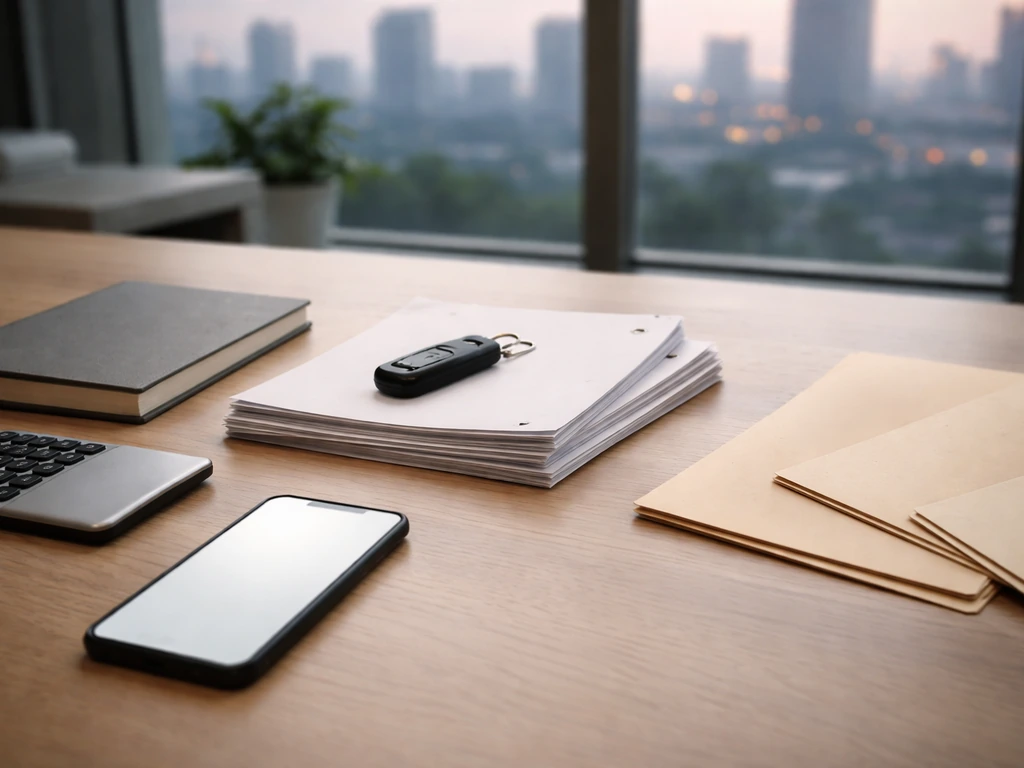 Minimal desk scene with documents, phone, notebook, and car key suggesting identity and asset verification steps.