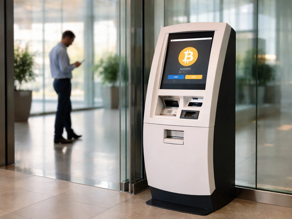 Bitcoin ATM kiosk in a modern lobby with warm lighting, signaling Bitcoin Depot leadership and business