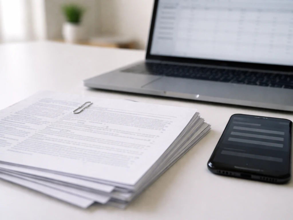 Close-up of SEC proxy filing papers beside a laptop and smartphone with compensation-related fields, no text visible.