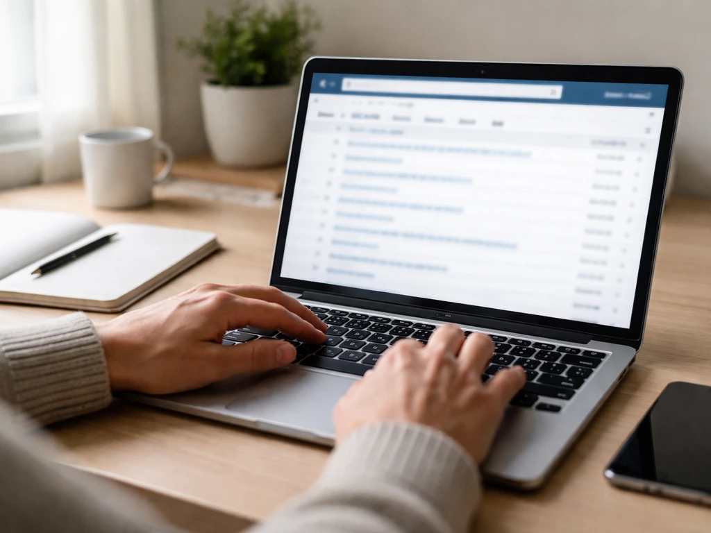 Person at a laptop reviewing SEC EDGAR-like search results for a business ticker, minimal office desk scene.