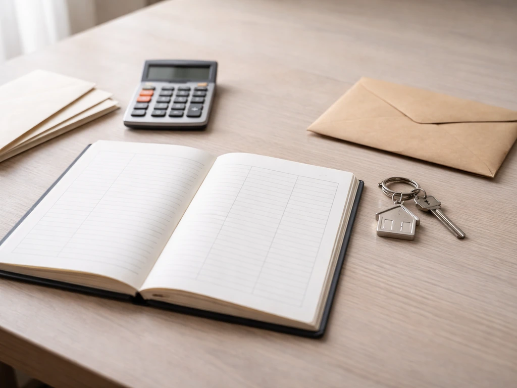 Minimal desk photo with an open ledger and calculator symbolizing assets minus liabilities.
