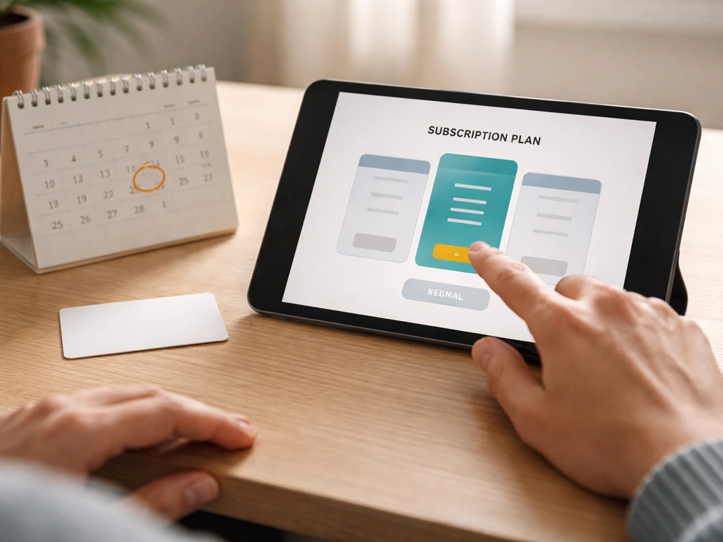 Hands on a tablet showing a membership plan, with a calendar renewal cue and blank membership card on a desk.