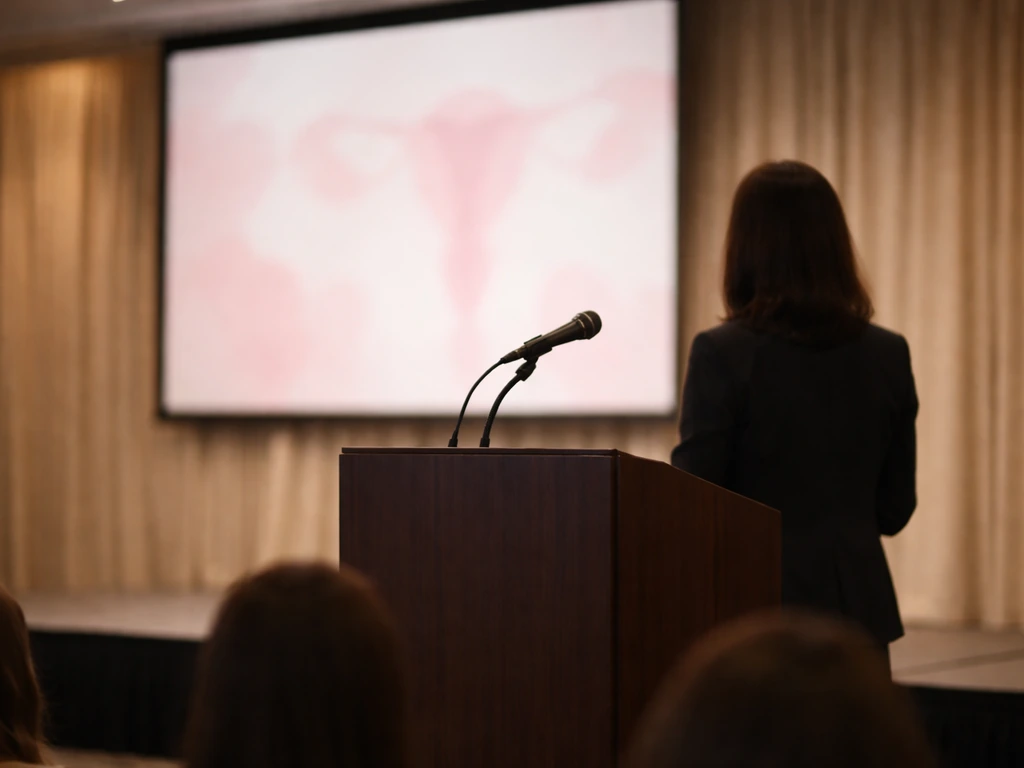Podium microphone on a conference stage with an out-of-focus women’s health themed slide behind it