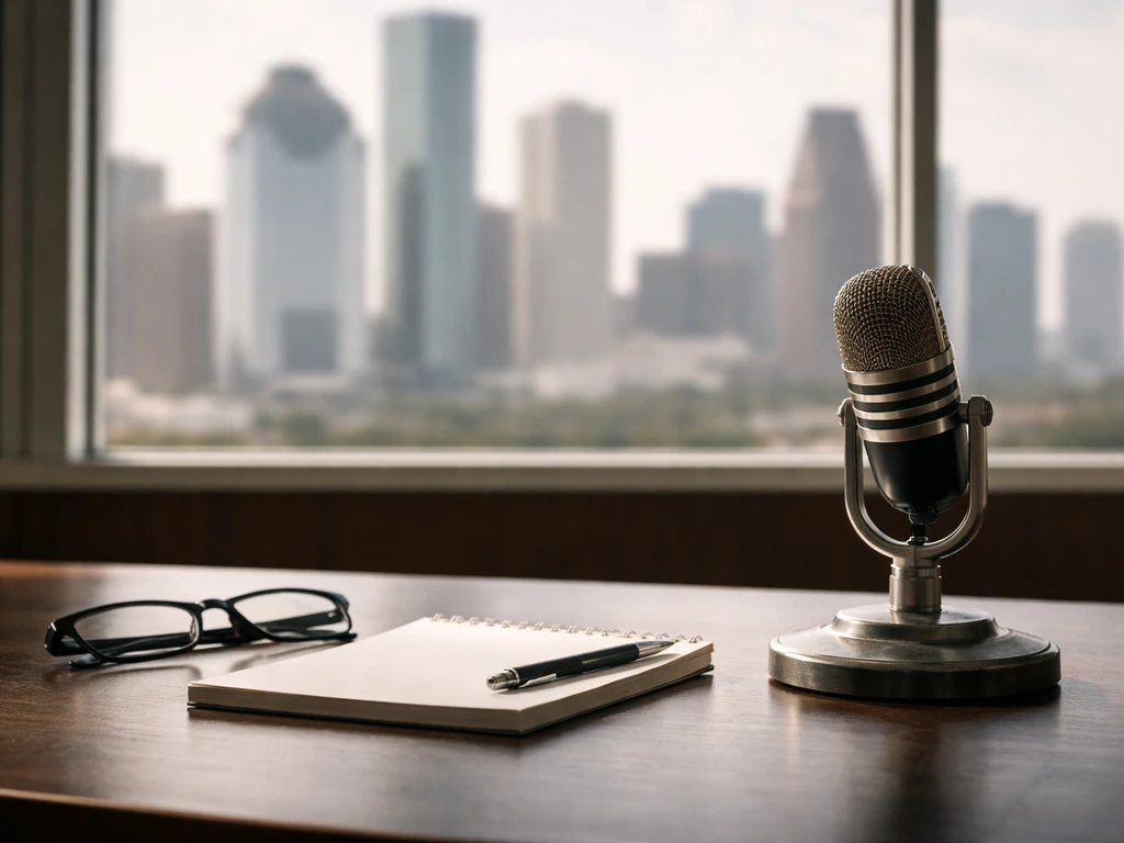 Unbranded TV news studio desk with a microphone and natural light, suggesting media and financial research.