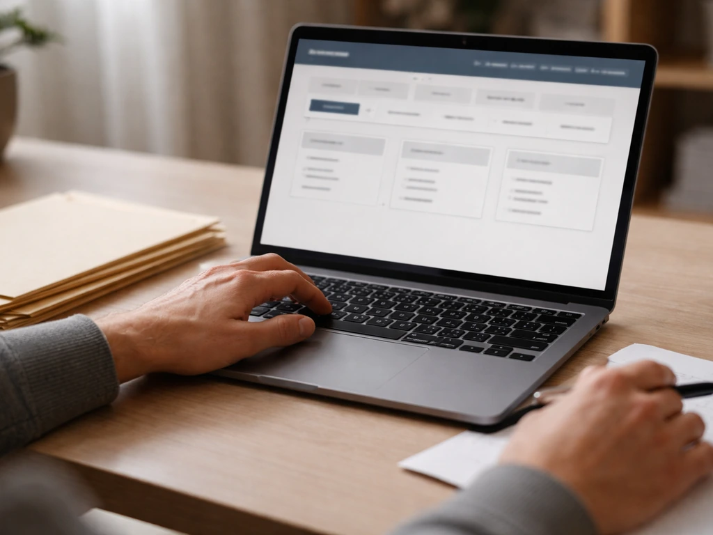 Person reviewing probate court records on a laptop with folders labeled generic legal documents.