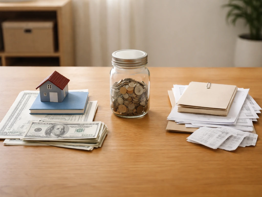 Minimal desk scene with assets items on one side and debts items on the other, suggesting net worth difference.