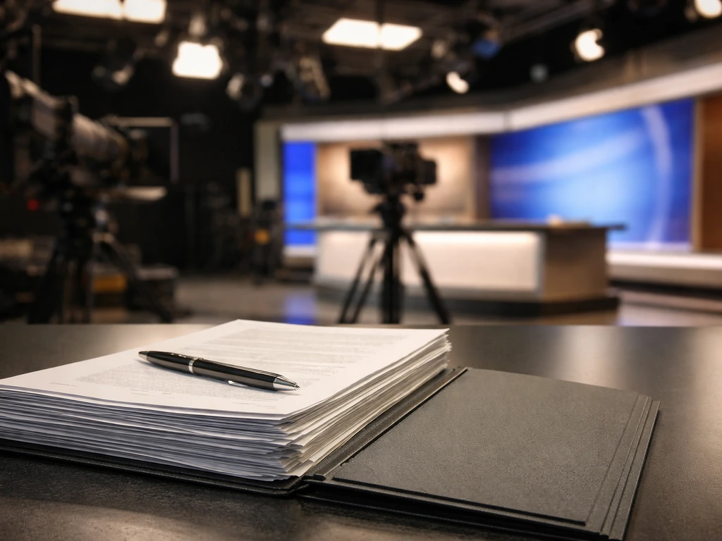 Close-up of a news studio control desk with legal documents beside a camera, suggesting a media lawsuit context.