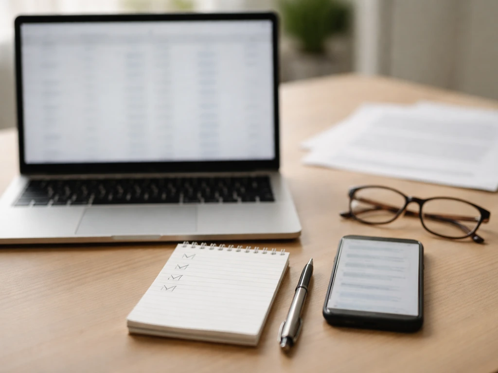 Desk scene with laptop and blurred spreadsheet, checklist notes, and documents for verifying an estimate.