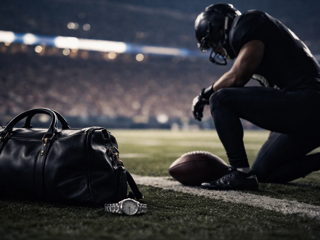 Anonymous NFL quarterback-like player on a field on game day, symbolic finance tone with stadium lights