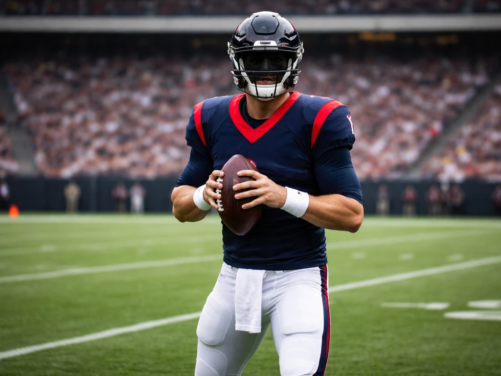 NFL quarterback in uniform on a football field under stadium lights
