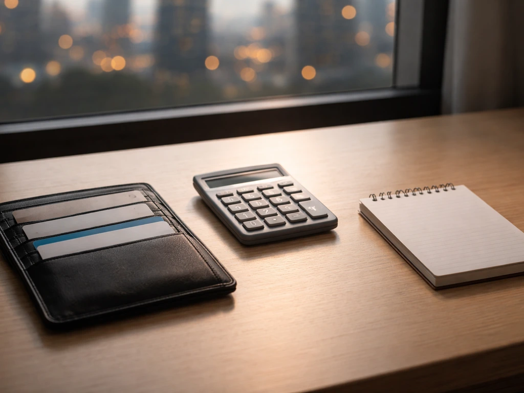 Minimal photo of a desk with a calculator and wallet beside a notepad, symbolizing assets minus liabilities.
