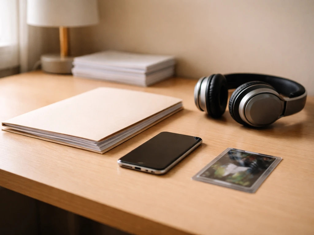 Minimal desk scene with smartphone, plain folder, headphones, and a glossy trading card—no text or logos.