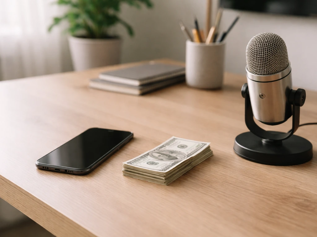 Minimal office scene with a smartphone and scattered cash-like props symbolizing a supported net worth estimate