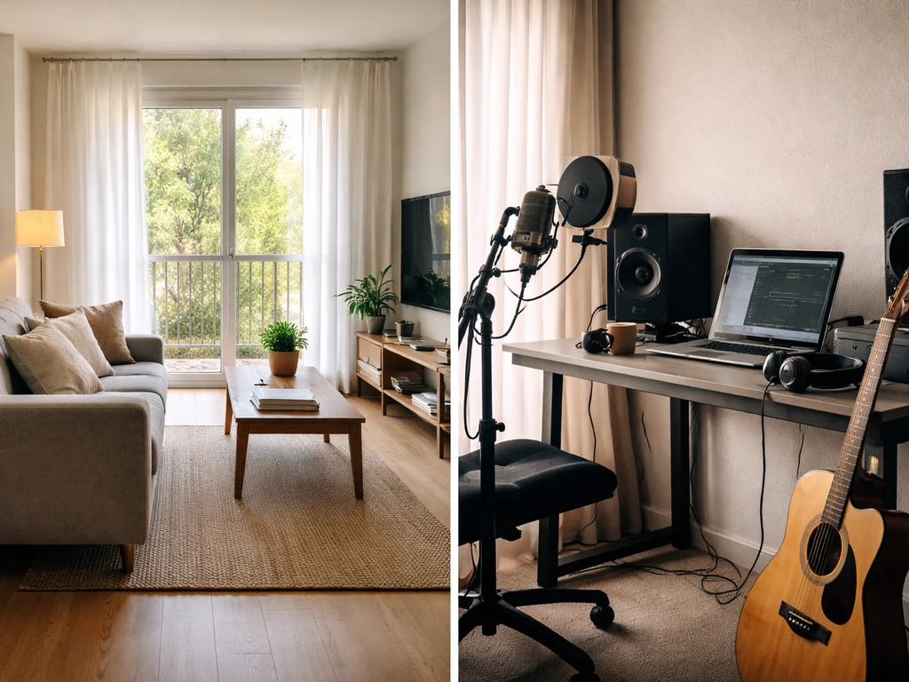 Split symbolic scene: tidy home interior beside a music studio setup, suggesting assets and liabilities.