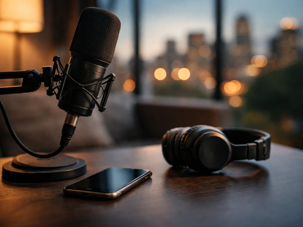 Close-up of a studio microphone on a desk with a softly lit city skyline backdrop