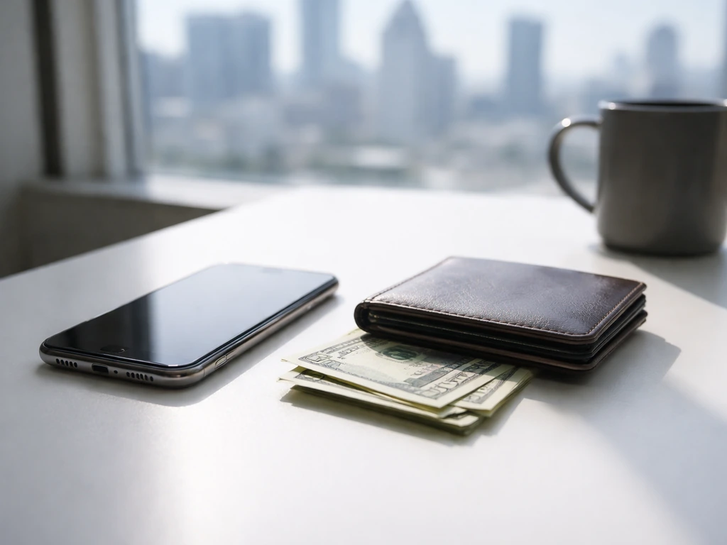 Minimal photo of a business desk with scattered currency and a smartphone, suggesting finance and earnings estimates