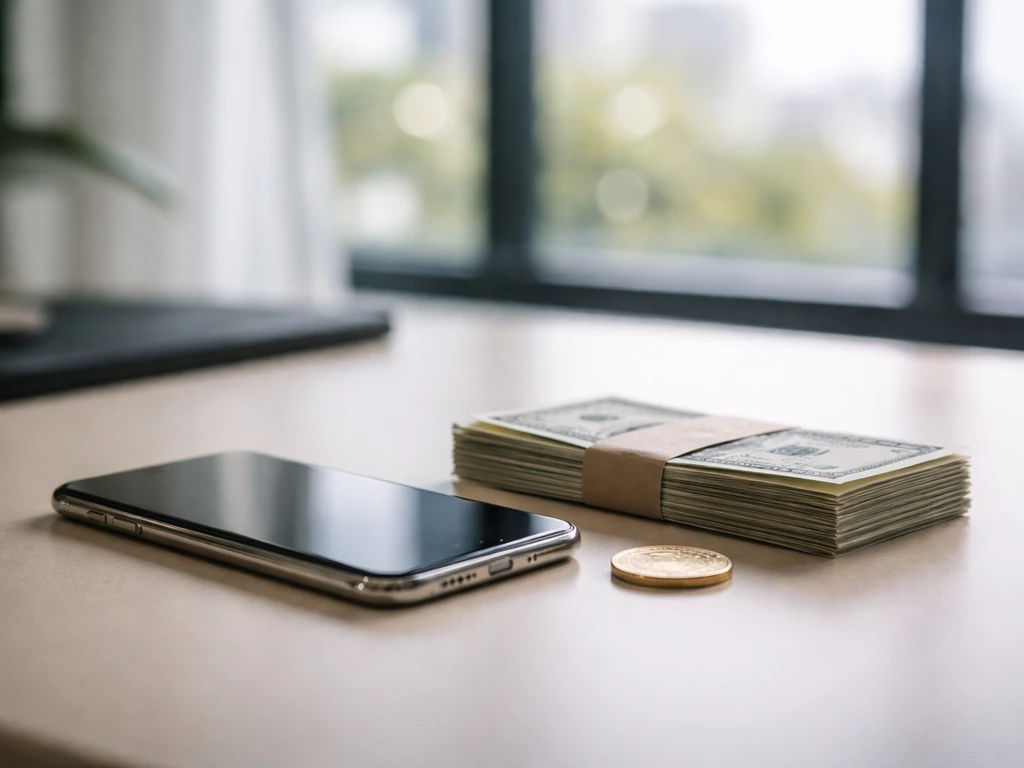 Minimal office scene with a smartphone and cash to symbolize income channels