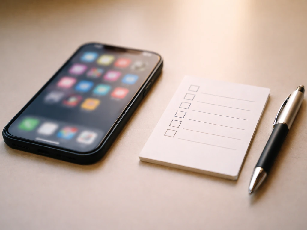 Close-up of a smartphone displaying social media icons beside a small checklist for brand partnerships.
