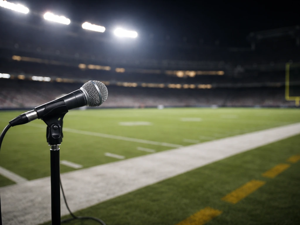 Empty Chicago stadium at night with a focused public-address microphone near the field