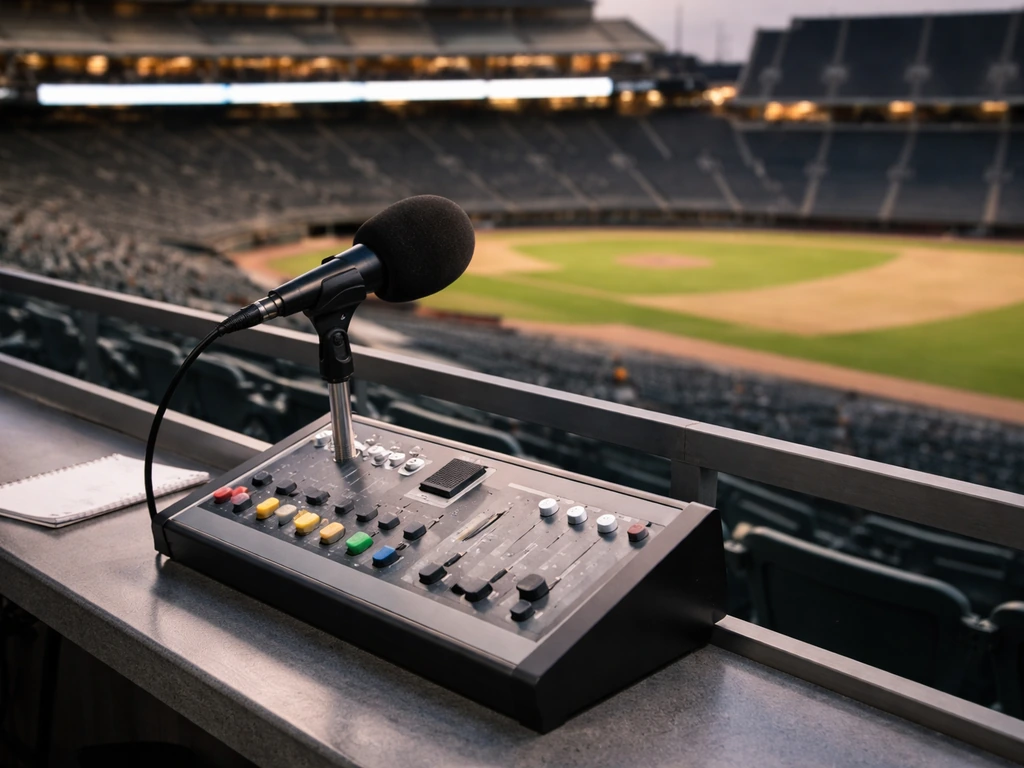 Empty stadium public-address booth and microphone console, suggesting PA announcing income.