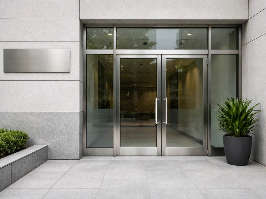 Modern office exterior entrance with a financial planning atmosphere and no visible text