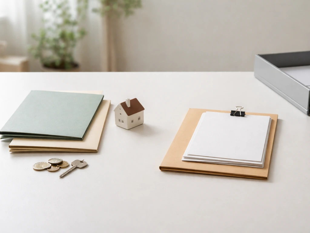 Minimal desk photo showing assets-left vs liabilities-right concept with folders, papers, and coins.