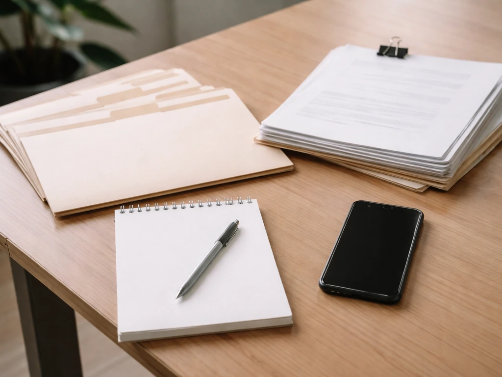 Minimal photo of an office desk with scattered financial folders and a smartphone beside a notepad
