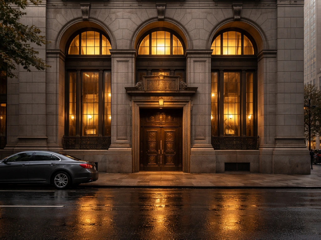 Golden-hour photo of a luxury financial firm building entrance with warm reflections and no people.