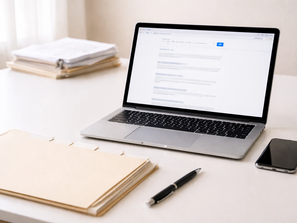 Laptop and phone on a desk, showing a generic search results page for public record verification.