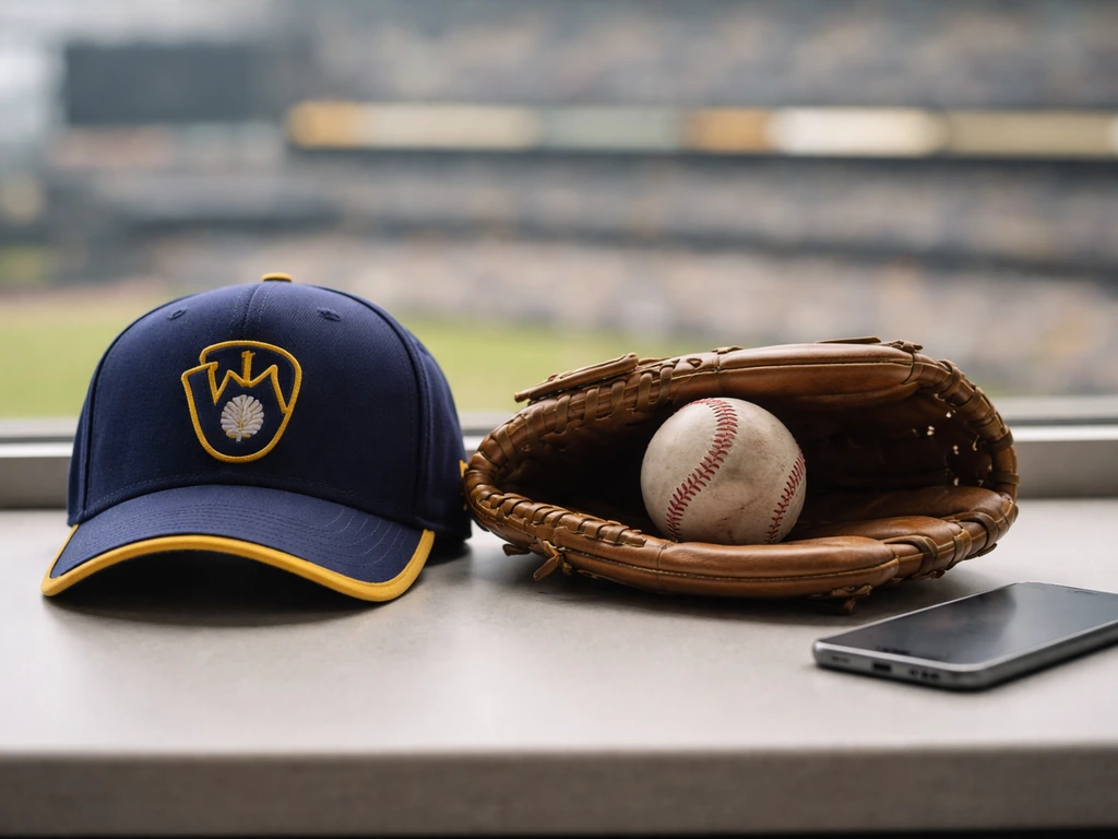 Milwaukee Brewers baseball-related scene with a cap and glove on a desk, suggesting player identity without showing a pe