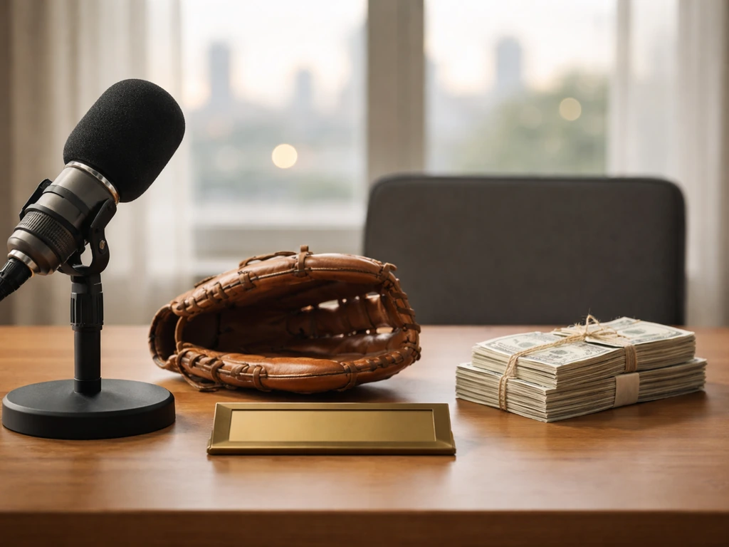 Minimal desk scene with cash envelopes and a microphone, symbolizing contract, endorsements, and other income