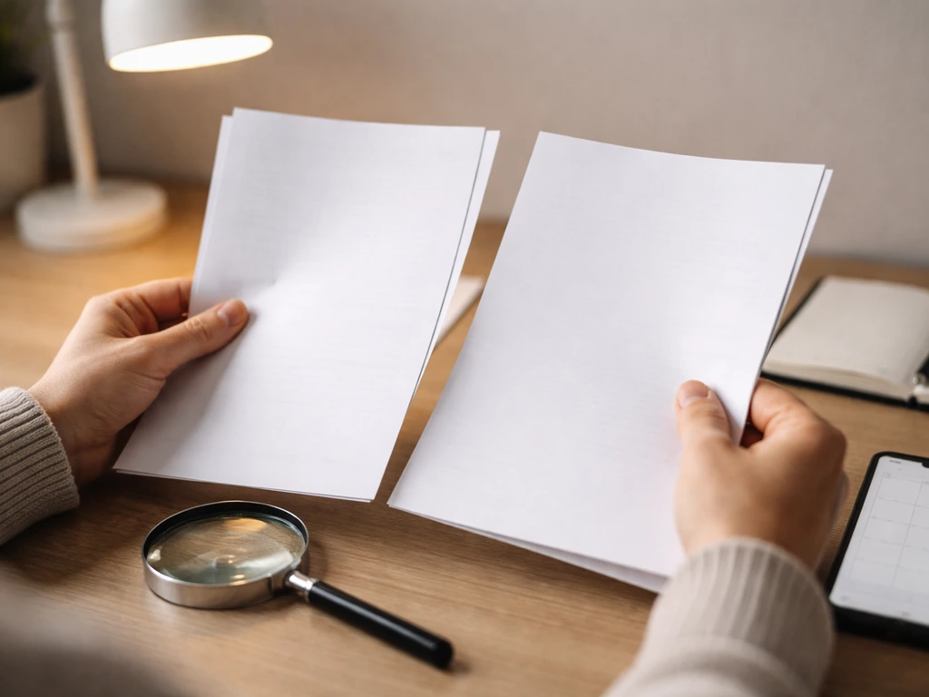 Close-up of hands comparing documents and a smartphone calendar on a desk, symbolizing verifying updates