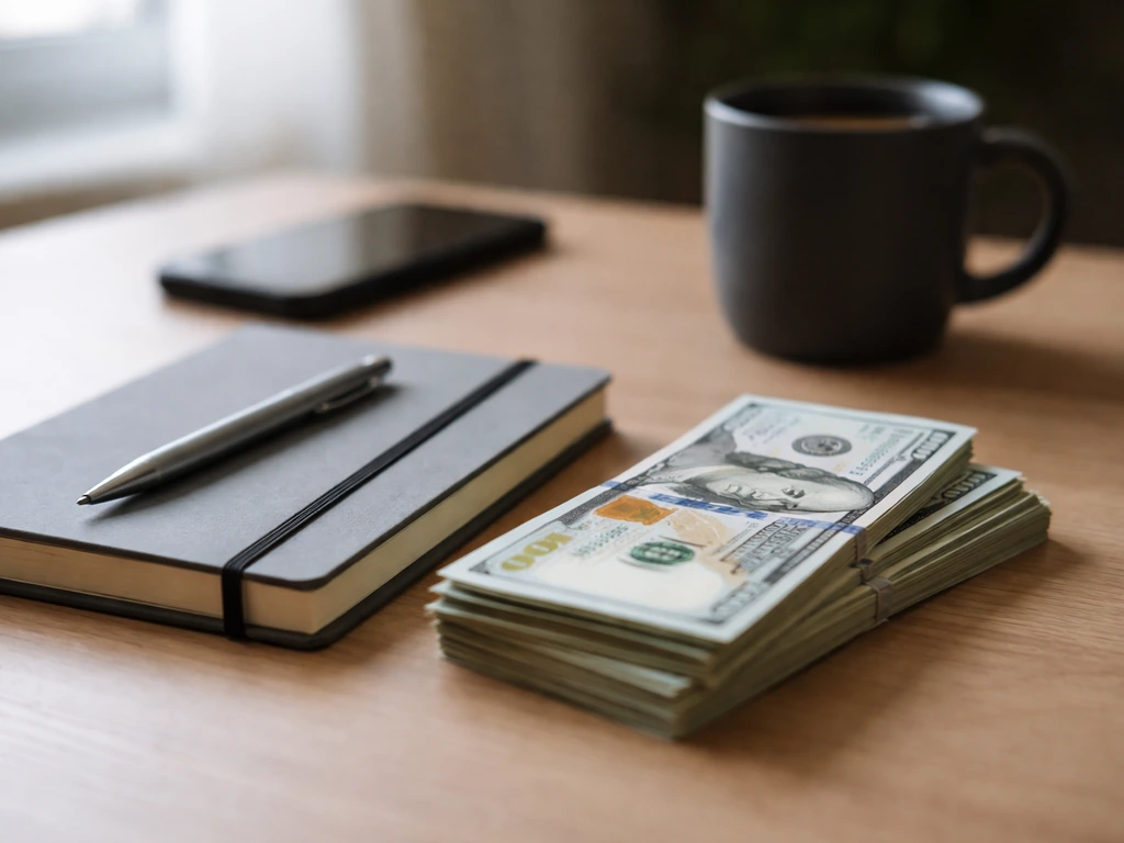 Minimal scene showing a finance-themed desk with cash and a closed notebook, suggesting income and assets analysis.
