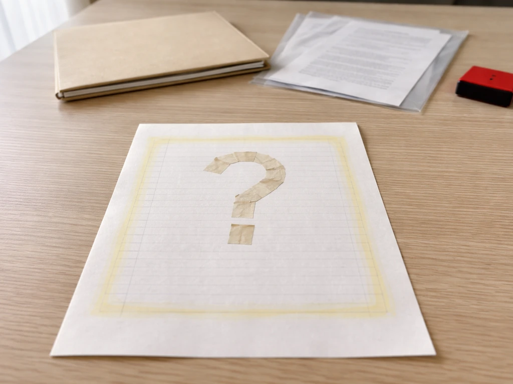 Desk documents and folder with a question-mark uncertainty cue, suggesting income sources can’t be verified.