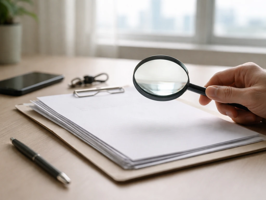 Magnifying glass over blank documents on a desk with a smartphone and soft natural light
