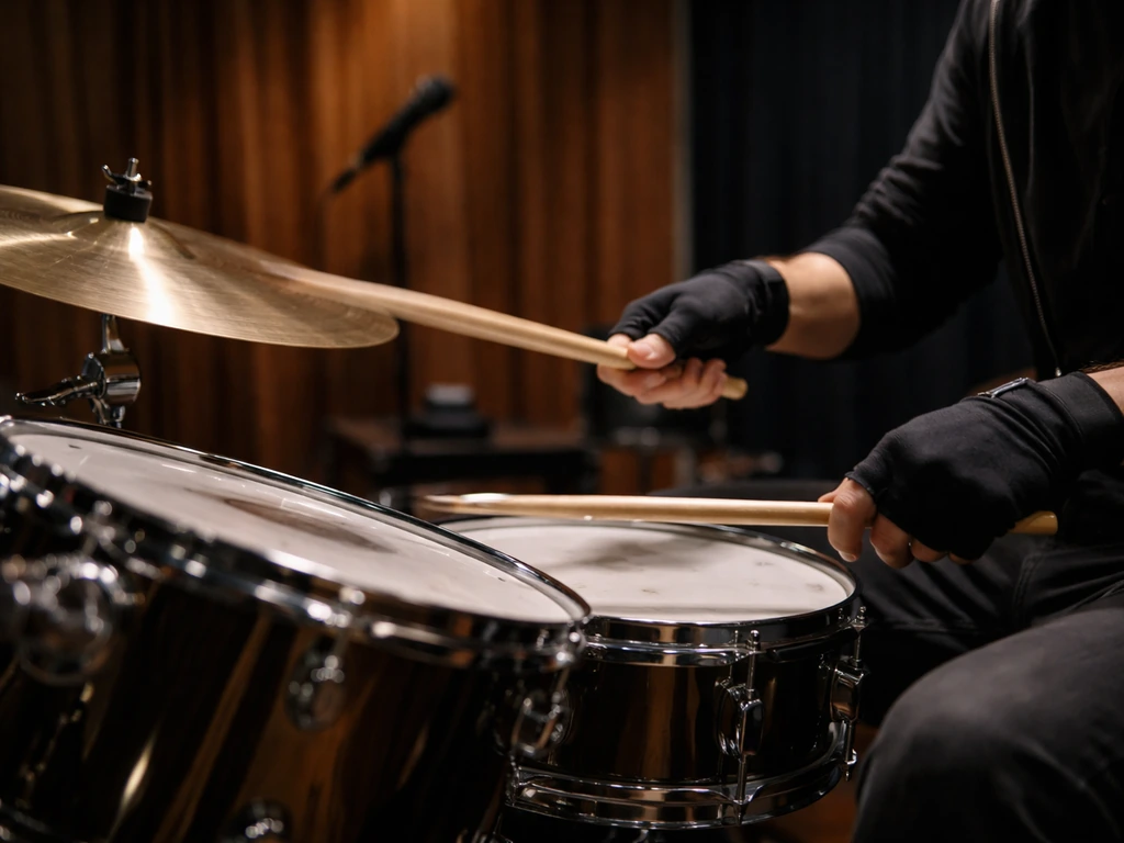Close-up of a drummer’s hands playing on a cymbal and snare in a dim music studio.