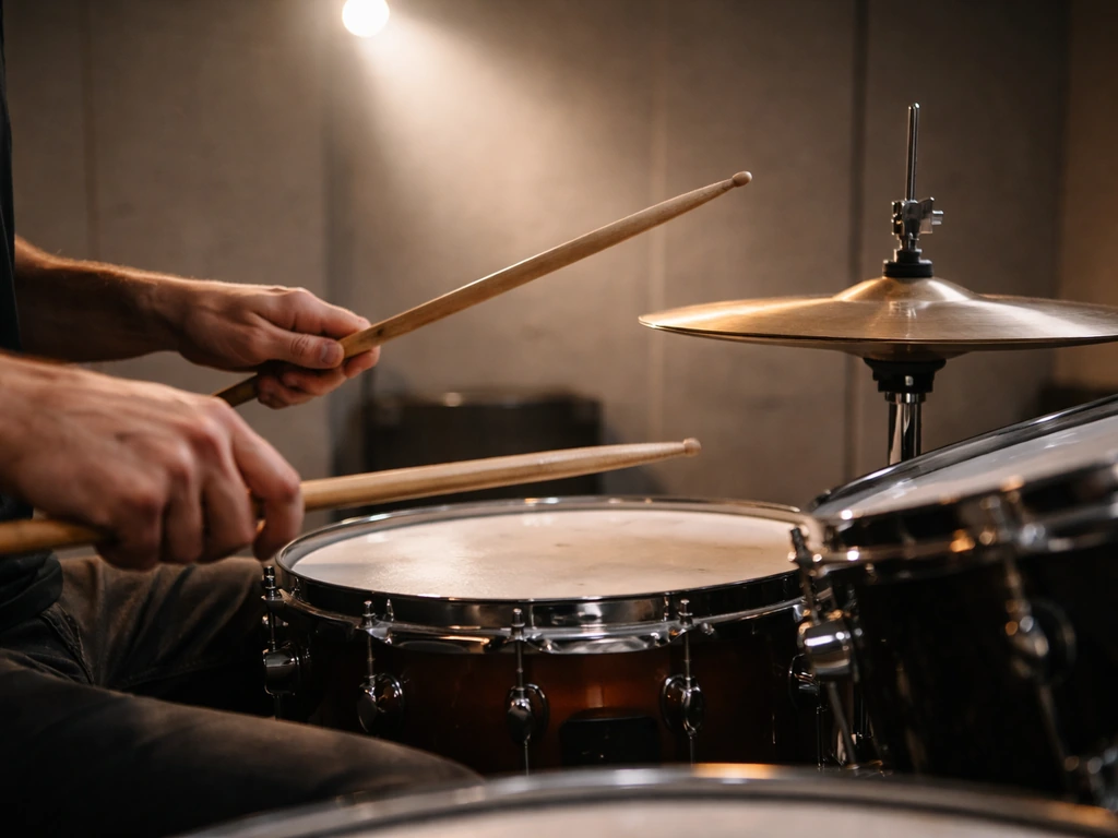Close-up of drumsticks striking a snare drum in a quiet rehearsal space at golden hour