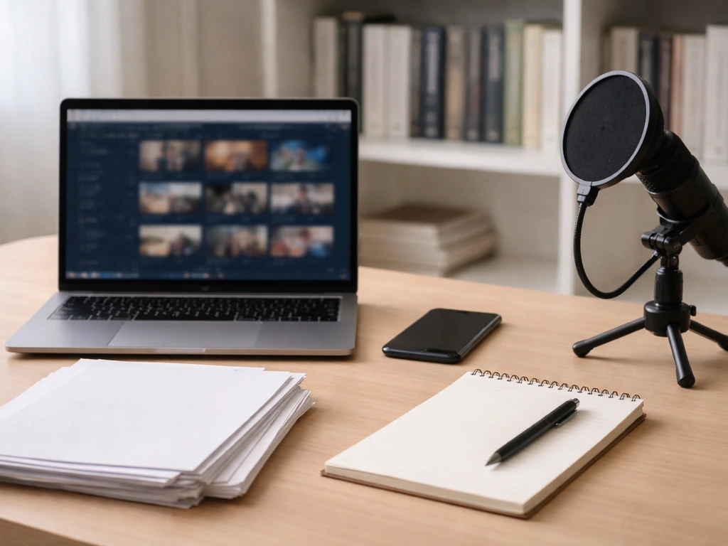 Minimal desk scene with laptop, smartphone, blank papers, and microphone suggesting media evidence assessment.
