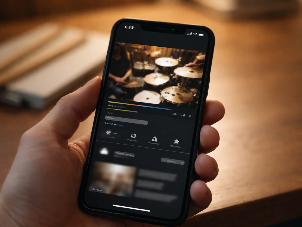 Close-up of a smartphone showing a drum cover video frame with a subtle growing channel UI feel