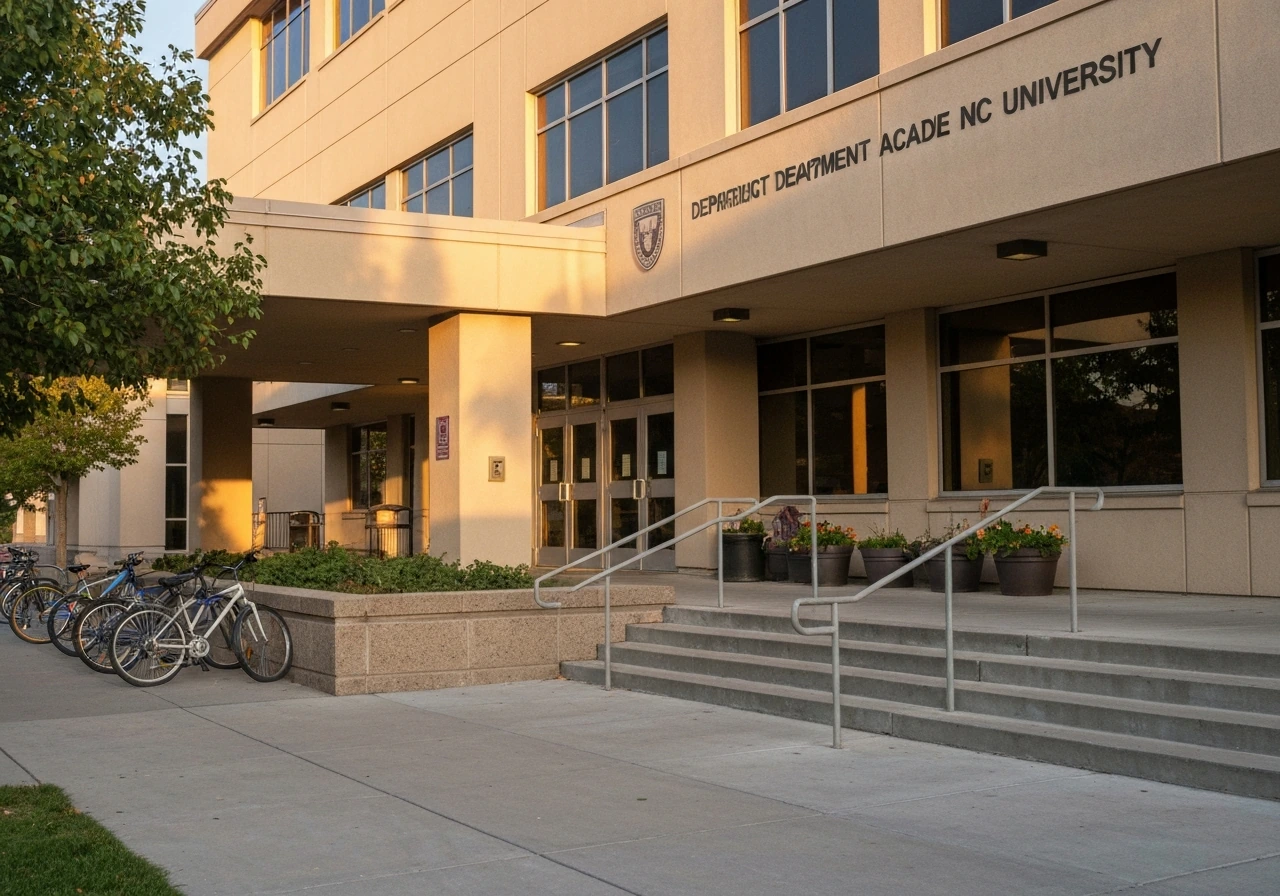 Quiet view of a university department building steps and windows in warm daylight, no people.