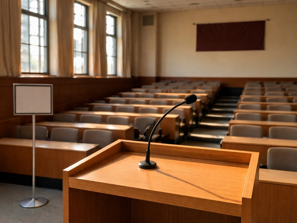 Empty university lecture hall with a podium, microphone, and blank signage placeholders, event-style.