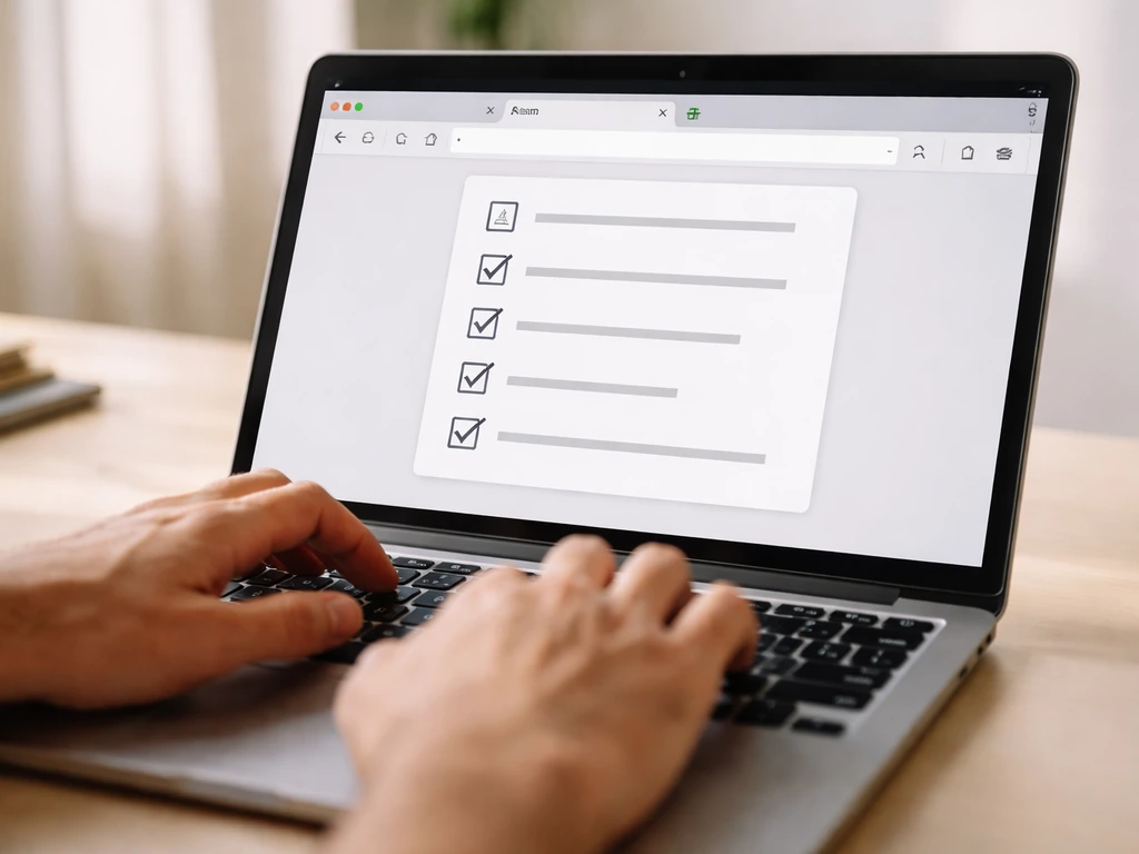 Hand using a laptop to check open reference tabs and a simple checklist on screen