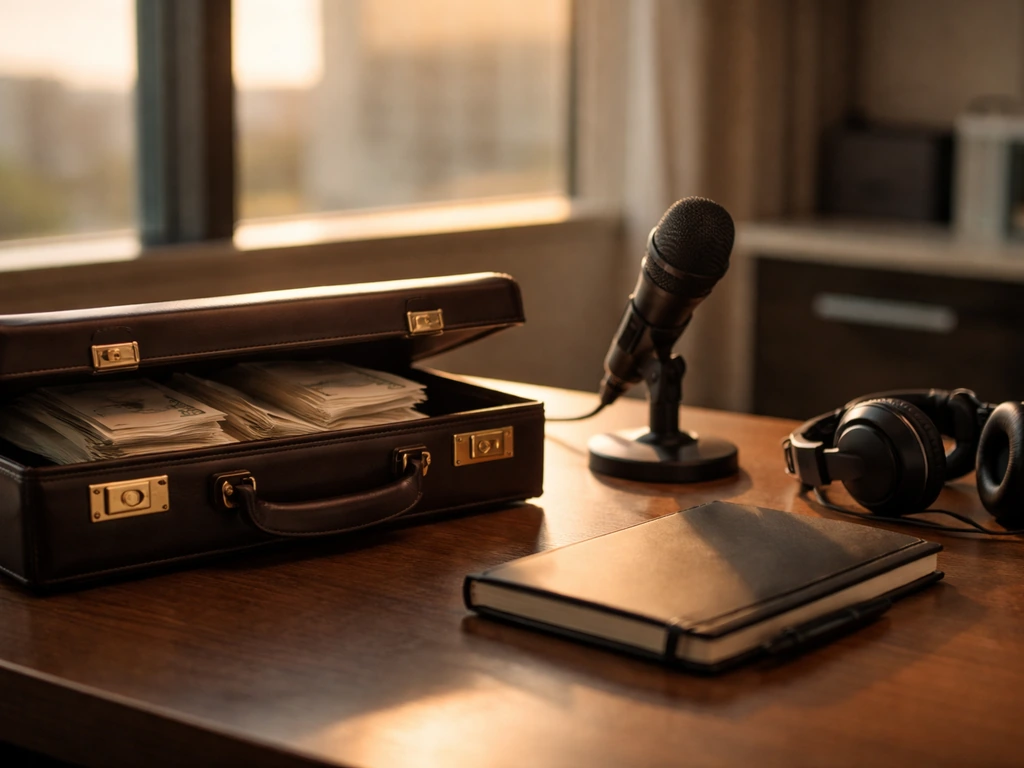 Minimal business scene with a briefcase and headphones near a window, evoking finance and profile analysis