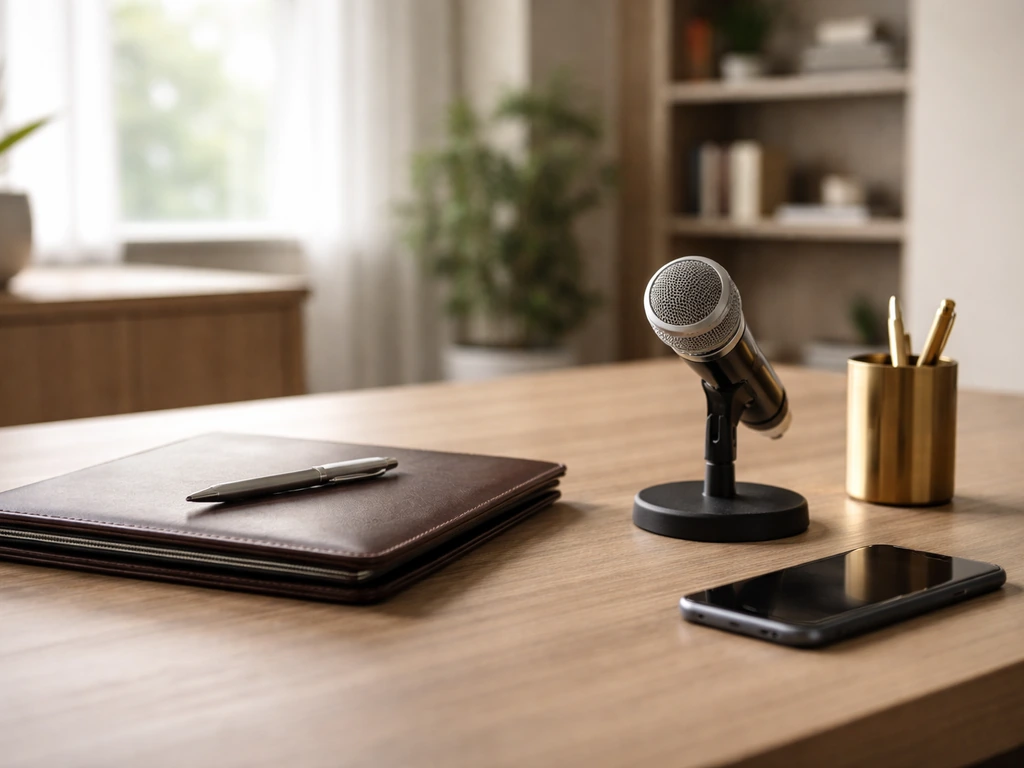 Minimal executive desk with a microphone and business items, suggesting healthcare staffing leadership and media profile