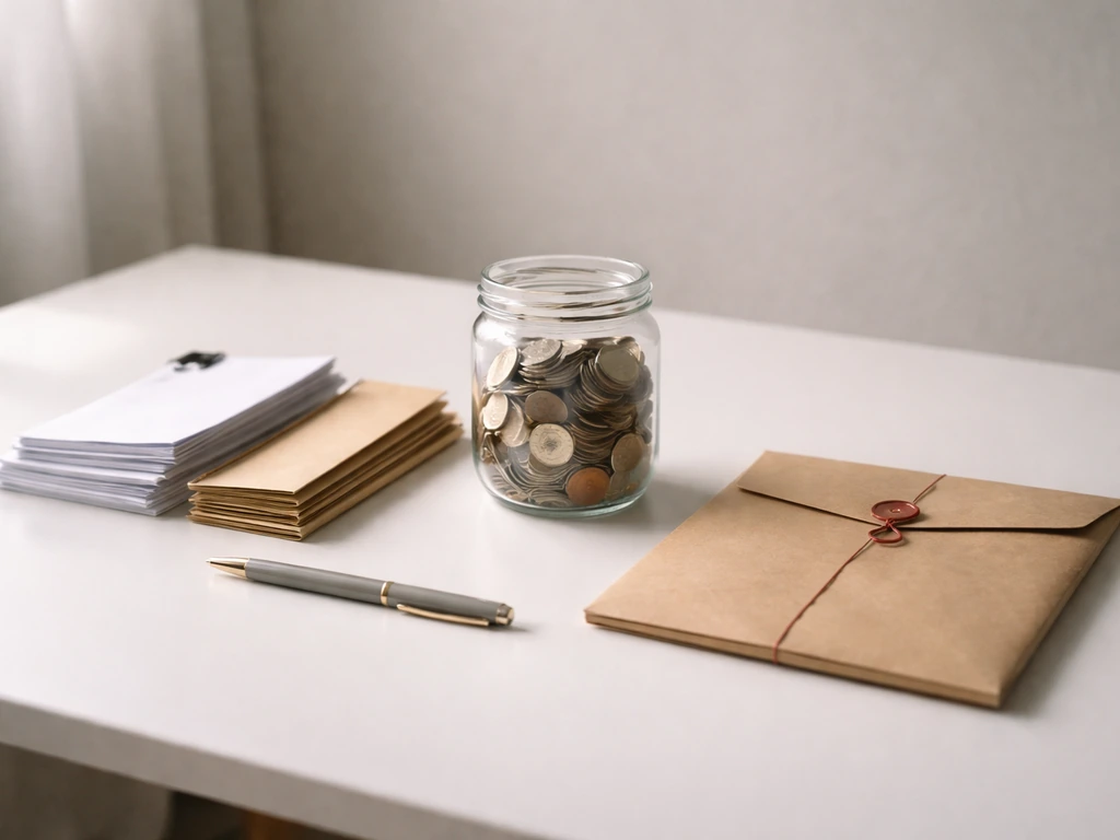 Minimal office desk scene with documents, a coin jar, and a tied envelope symbolizing income, assets, liabilities