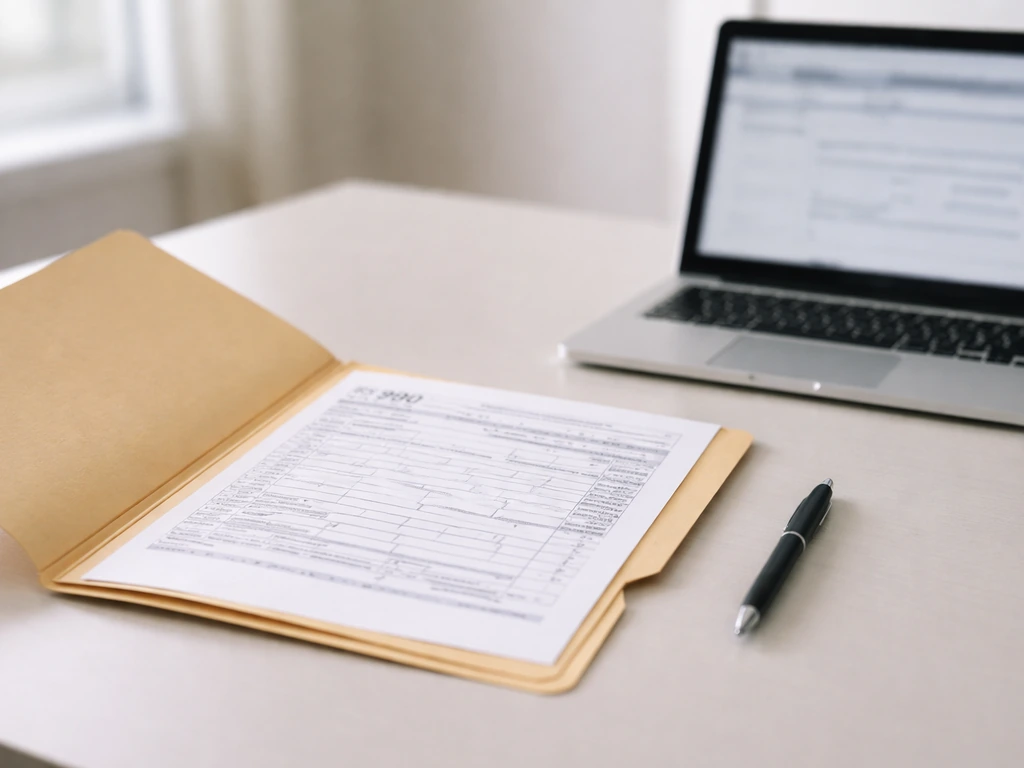 Open folder with an IRS Form 990–style document on a desk beside a pen and laptop, no readable text.
