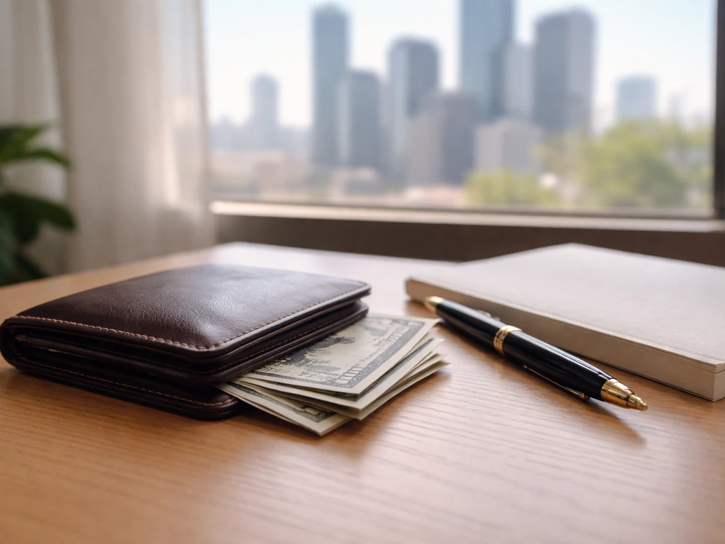 Minimal desk scene with a wallet and cash, symbolizing an estimated net worth range.